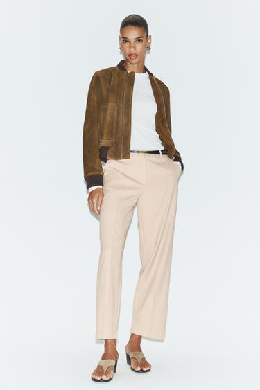 Zara STRAIGHT LEG BELTED PANTS - Beige