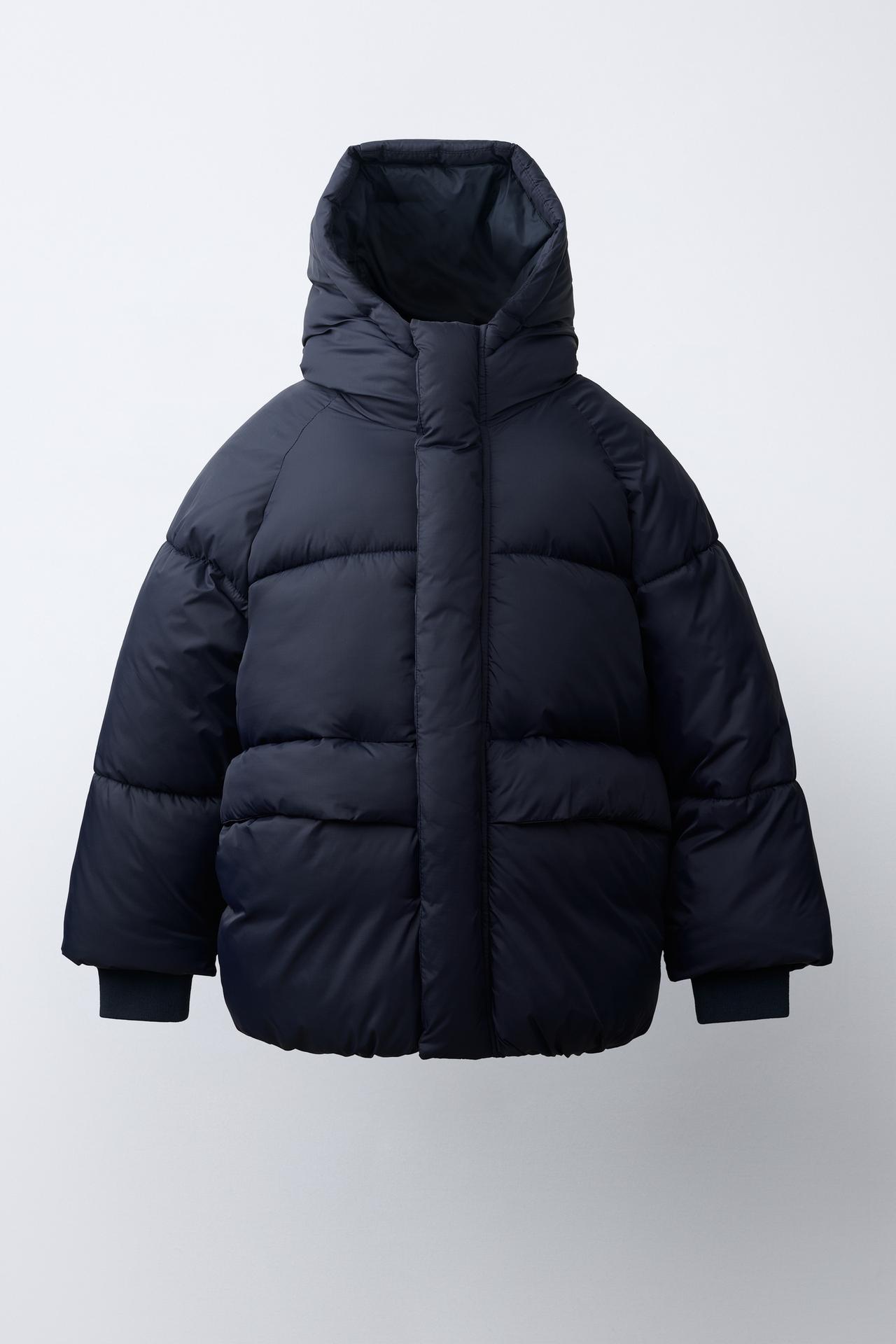 WATER-REPELLENT HOODED PUFFER COAT — Navy blue