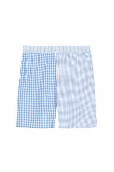LONG CONTRAST CHECK SWIMMING TRUNKS - White / Sky blue by Zara