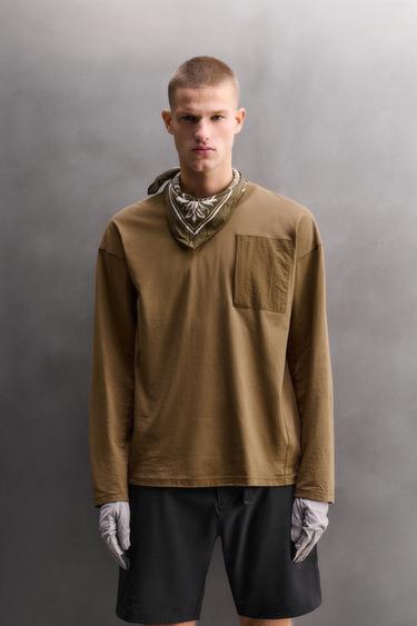 Zara LONG SLEEVE POCKET T-SHIRT - Light brown