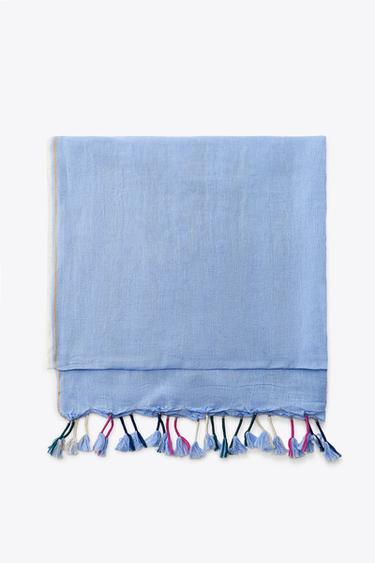 Zara STRIPED LINEN SCARF WITH POM POMS - Blue