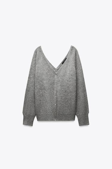 PULL DOUBLE COL EN V 100 % LAINE - Gris moyen de Zara - Image 1