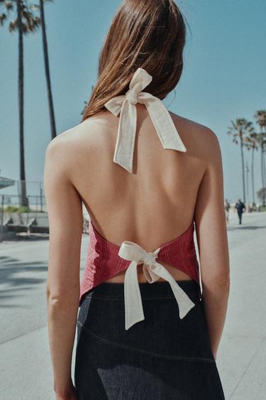 GILET HALTER À RAYURES ET LAÇAGES - Rose de Zara - Image 4