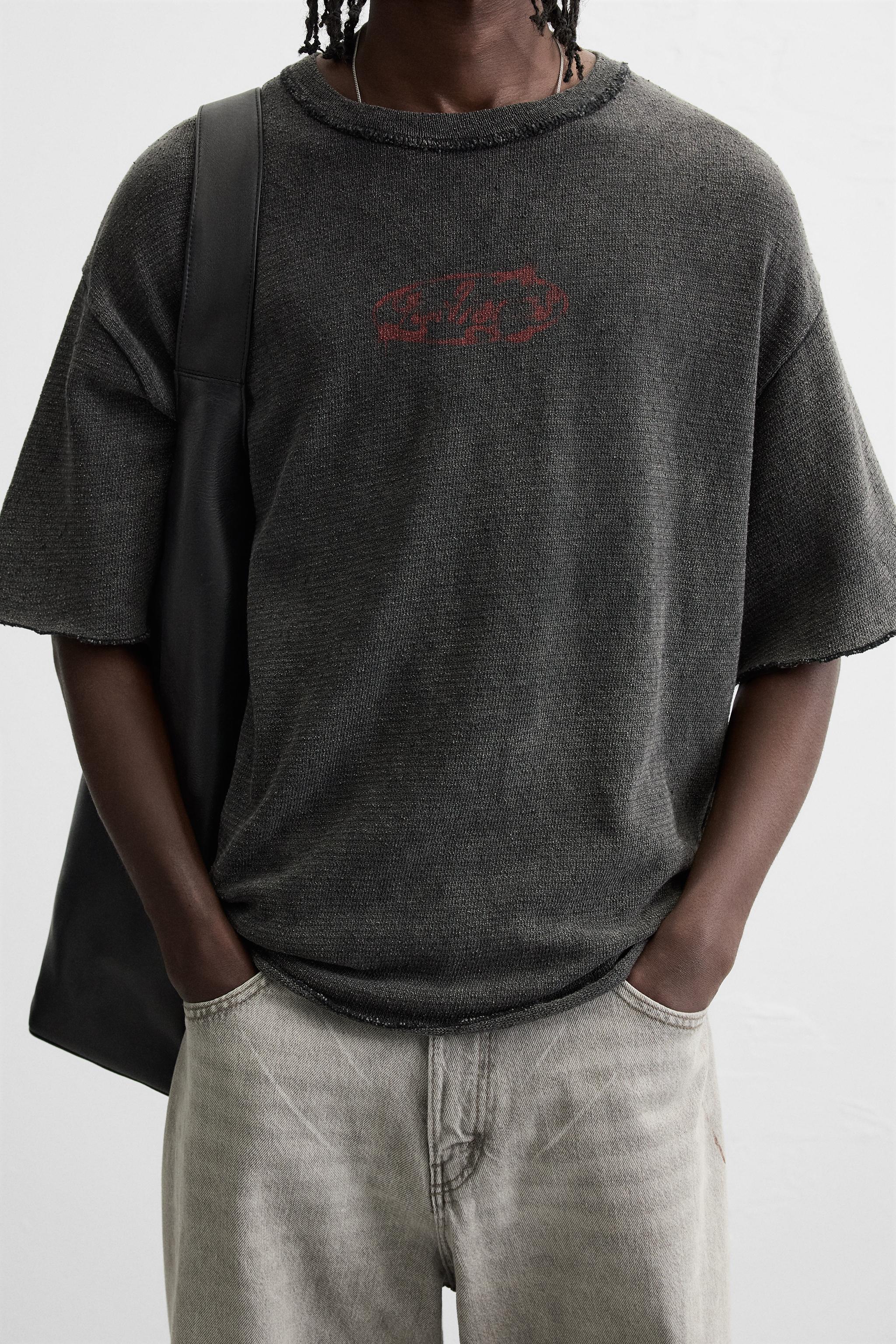★ZARA★ WASHED KNIT PRINT T-SHIRT WASHED PRINT KNIT T-SHIRT - Black | ZARA United States