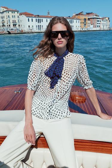 CONTRAST BOW POLKA DOT BLOUSE - Ecru / Black by Zara