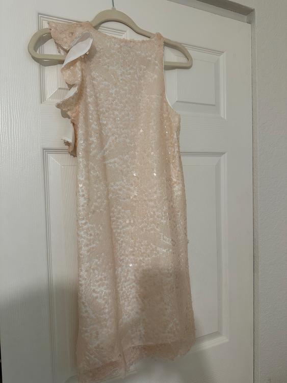 Sleeveless beige sequined dress hanging on a hanger over a white door.