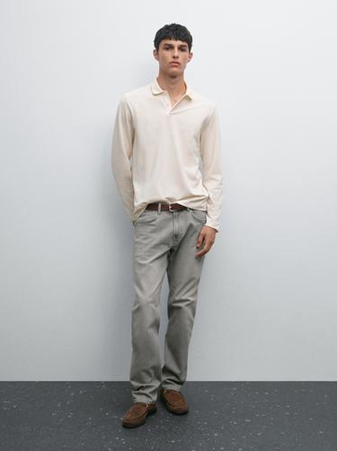 Zara Long sleeve mercerised cotton piqué polo shirt - Ice - Image 0