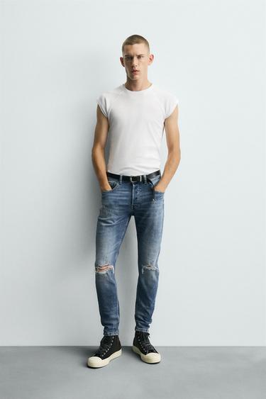 Zara RIPPED SKINNY FIT JEANS - Mid-blue