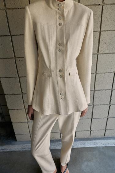 FITTED JACKET WITH LINEN AND SHOULDER PADS - Light beige by Zara - Image 3