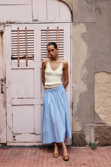 Zara POPLIN MIDI SKIRT - Sky blue