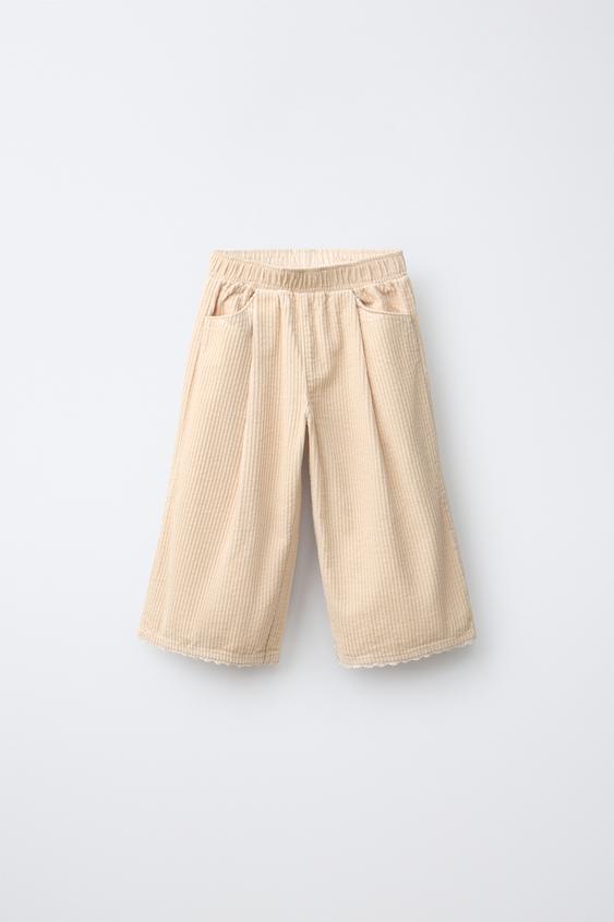 Zara 蕾絲飾邊燈芯絨寬管長褲 - 裸色 - 圖片 0