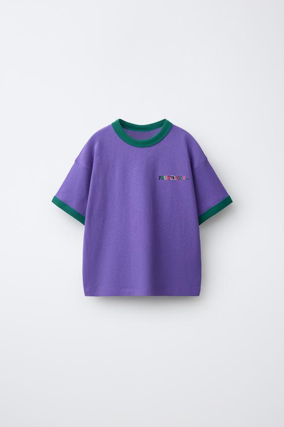 FRUIT OF THE LOOM™ EMBROIDERED CONTRAST T-SHIRT - Purple by Zara - Image 0