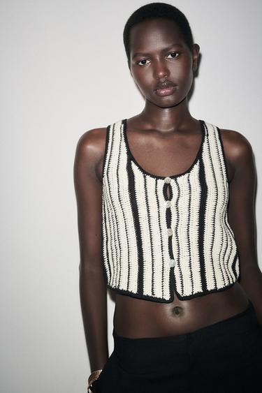Zara STRIPED KNIT TOP - Ecru / Black