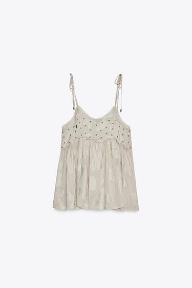 ZW COLLECTION JACQUARD STRAPPY TOP - Pearl grey by Zara - Image 4