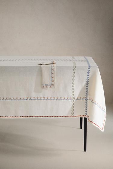CROSS STITCH LINEN TABLECLOTH - Ecru by Zara - Image 4