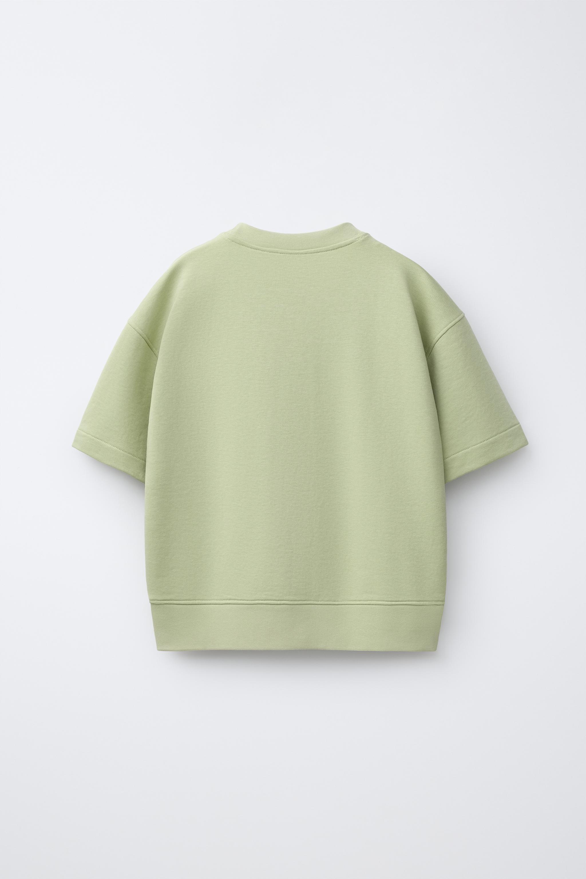 SHORT SLEEVE SWEATSHIRT WITH RAISED SLOGAN — washed green