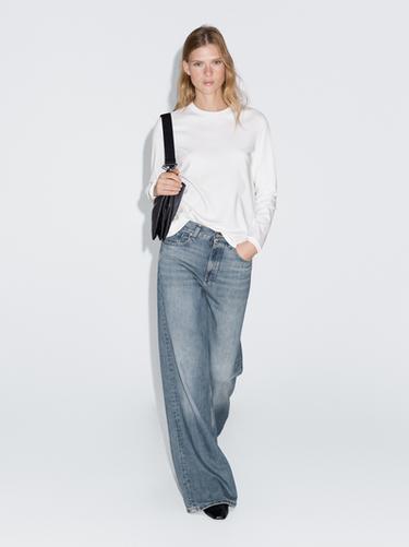 Zara 100% cotton interlock long sleeve T-shirt - Oyster-white