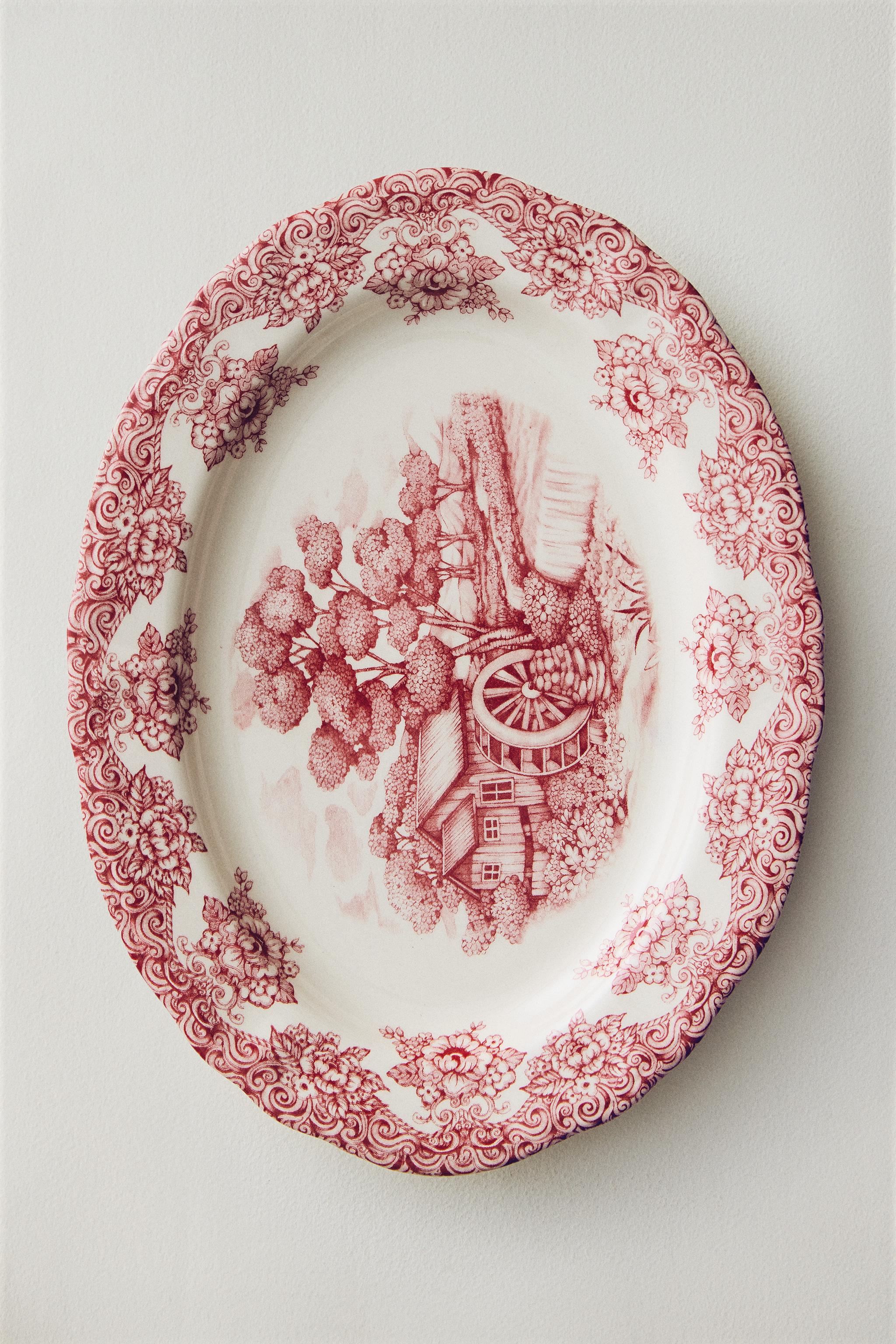 OVAL EARTHENWARE SERVING DISH WITH FLOWERS AND LANDSCAPE