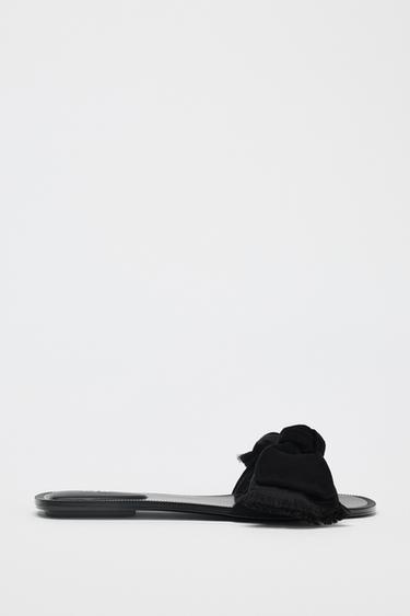 Zara SPLIT LEATHER BOW SANDALS - Black