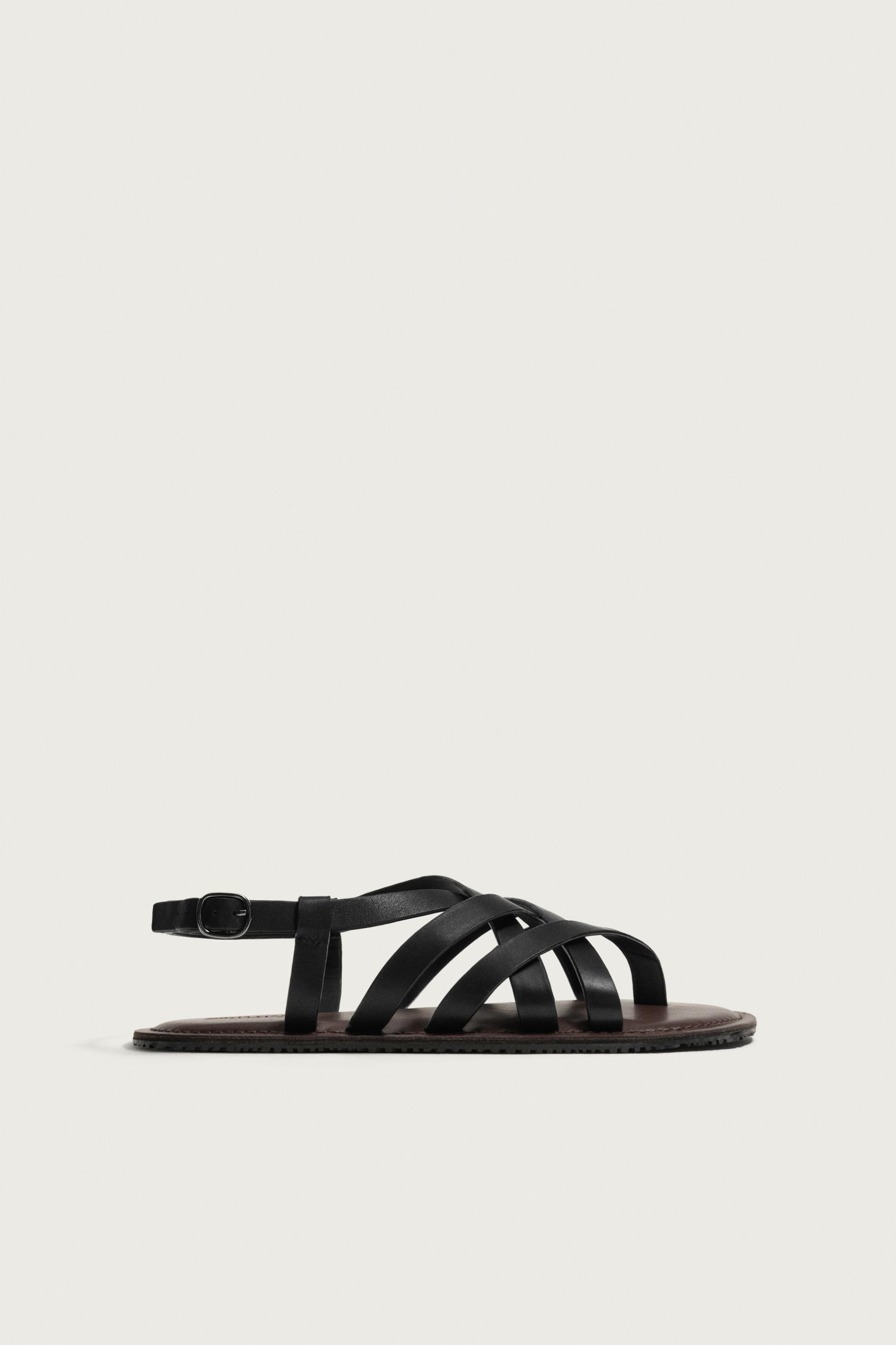 LEATHER STRAPPY SANDALS — Black