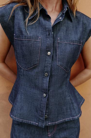 LINEN BLEND PEPLUM SHIRT WITH SHOULDER PADS - Indigo by Zara