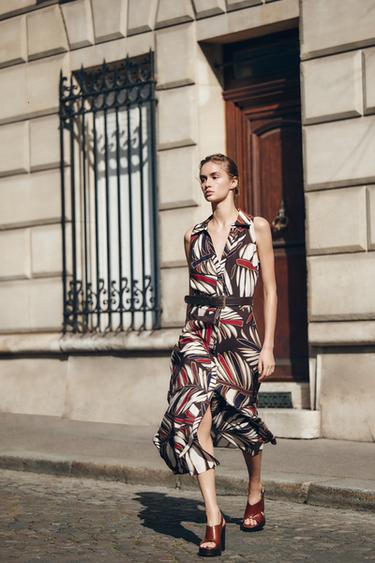 Zara BELTED PRINTED MIDI DRESS - Multicolored - Image 0