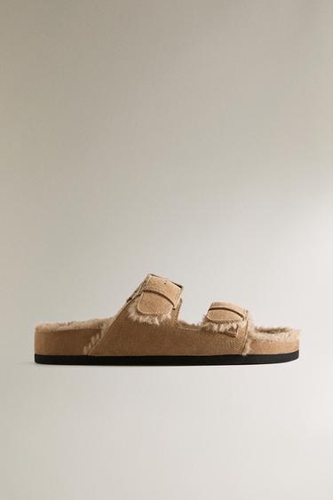 SANDALES CHAUDES EN CROÛTE DE CUIR À DOUBLE BOUCLE - Gris taupe de Zara