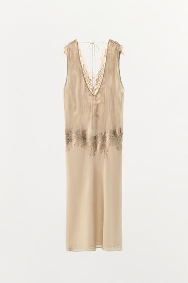 ROBE MI-LONGUE PLISSÉE ET DENTELLE - Beige chiné de Zara - Image 6