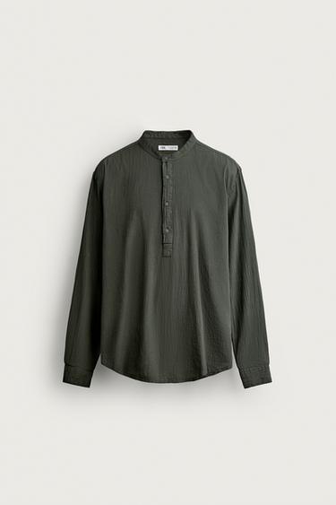 Zara WRINKLED EFFECT POLO SHIRT - Dark khaki