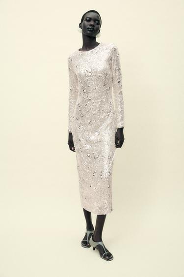 SEQUINNED MIDI DRESS - Pearl grey by Zara - Image 0