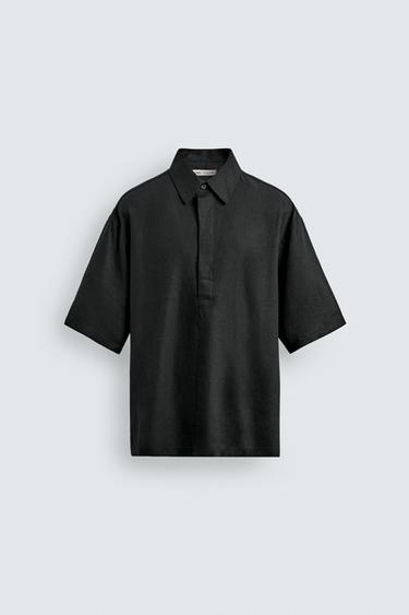 REGULAR FIT LINEN-VISCOSE POLO SHIRT - Black by Zara