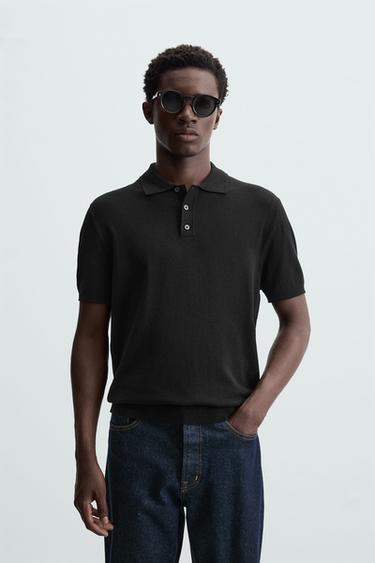 Zara VISCOSE BLEND KNIT POLO SHIRT - Black