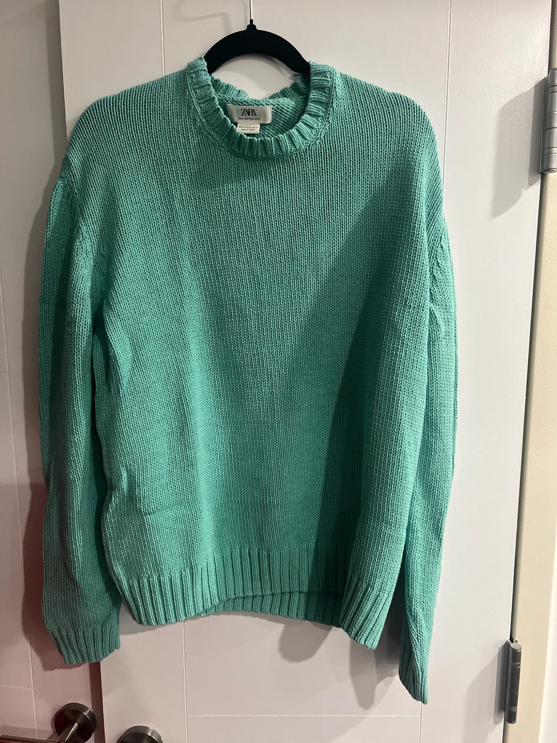 Green knit jumper with a round neck, hanging on a black hanger in front of a white door. Label with the text ZARA.