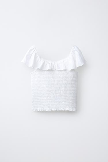 SMOCKED LINEN BLEND TOP - Oyster-white by Zara - Image 1