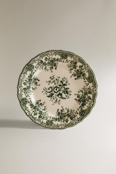 PRATO RASO DE CERÂMICA COM ESTAMPA FLORAL - Verde-oliva-escuro da Zara