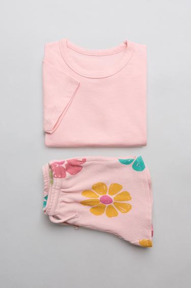 Zara SOLID T-SHIRT AND WAFFLE BERMUDA SHORTS SET - Peach