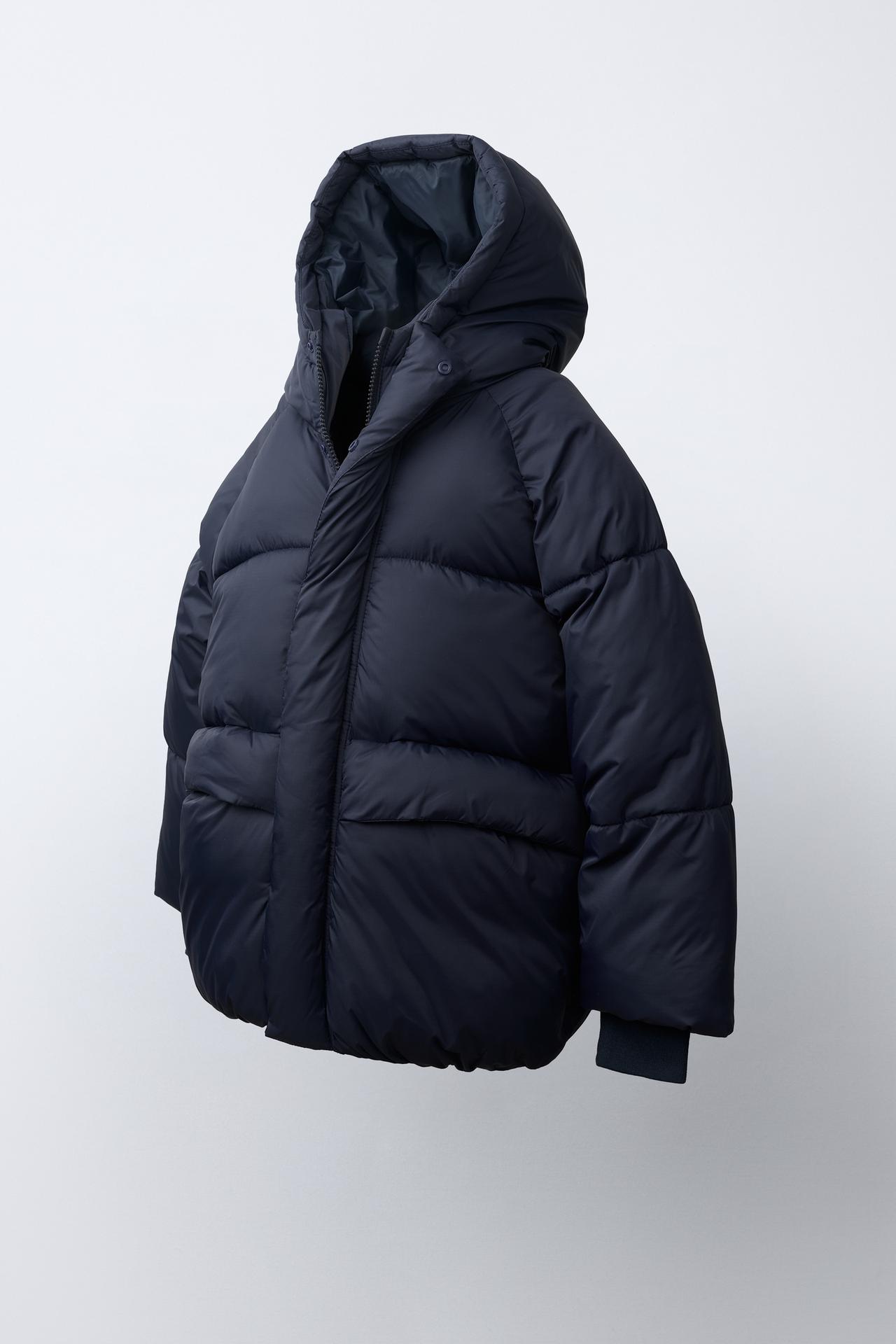 WATER-REPELLENT HOODED PUFFER COAT — Navy blue