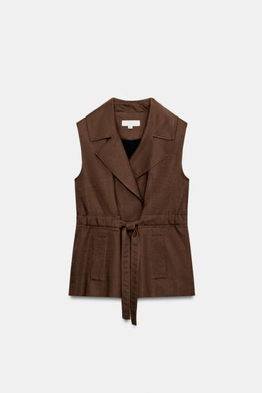 Zara LINEN BELTED VEST - Brown