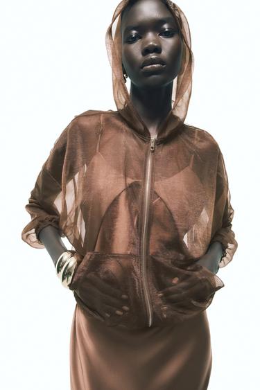 Zara HOODED ORGANZA JACKET - Brown