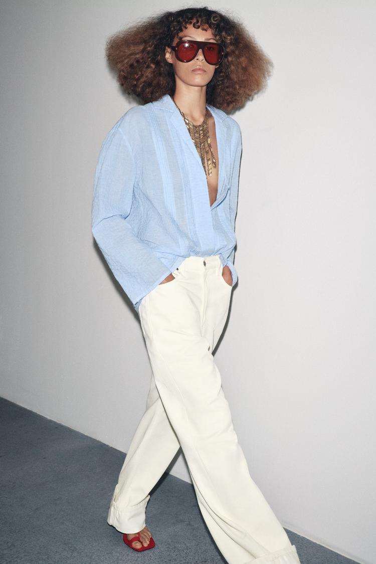 CHEMISE OVERSIZE STRUCTURÉE ZW COLLECTION Bleu Blanc ZARA