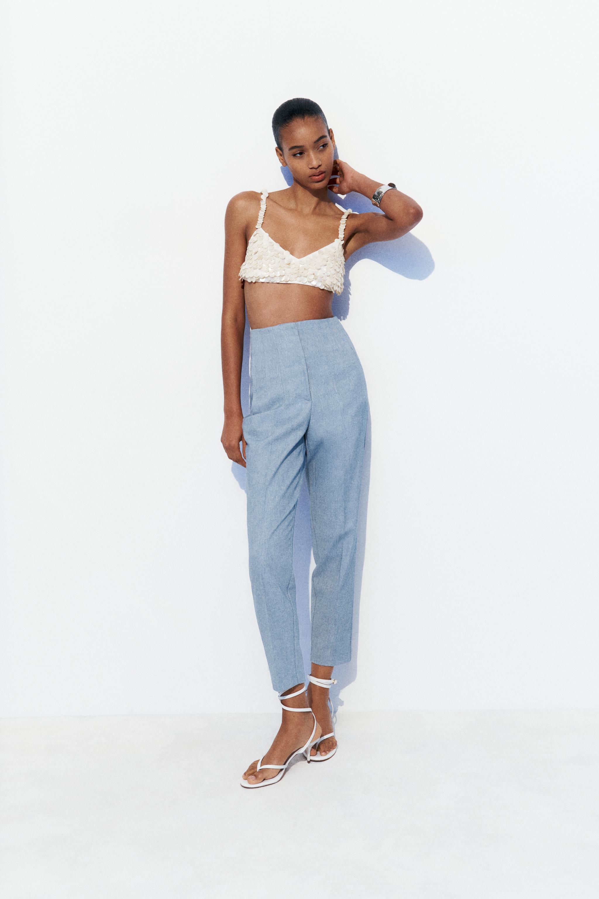 ZARA WOMAN New With Tag HIGH-WAISTED PANTS TROUSERS LIGHT BLUE NEW
