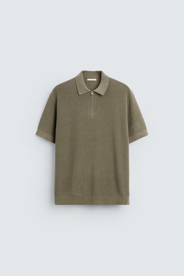 Zara PURL KNIT ZIPPER POLO SHIRT - Light khaki