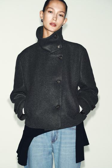 Zara SHORT HIGH NECK COAT - Gray marl