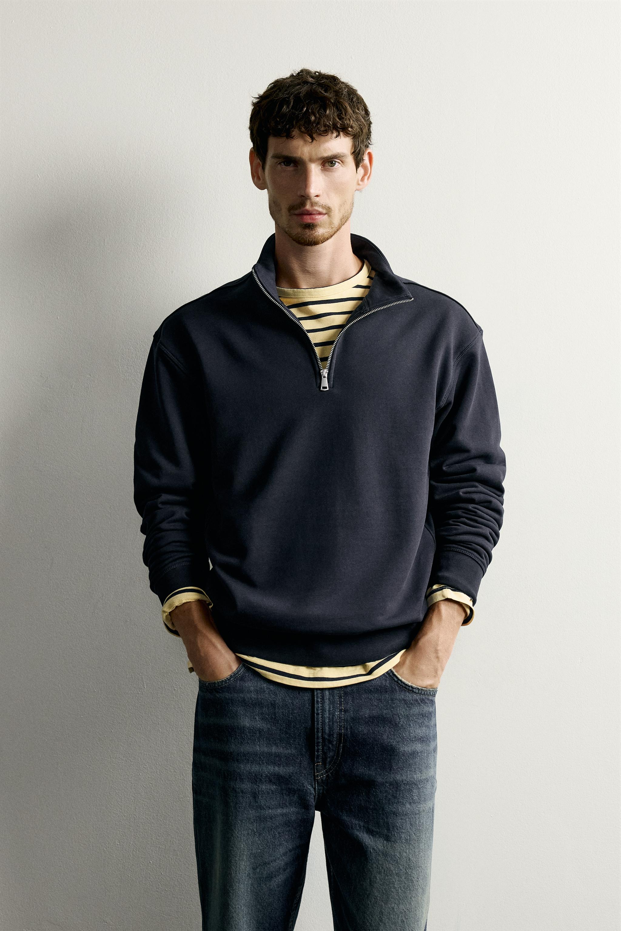 BASIC QUARTER-ZIP SWEATSHIRT — Navy blue