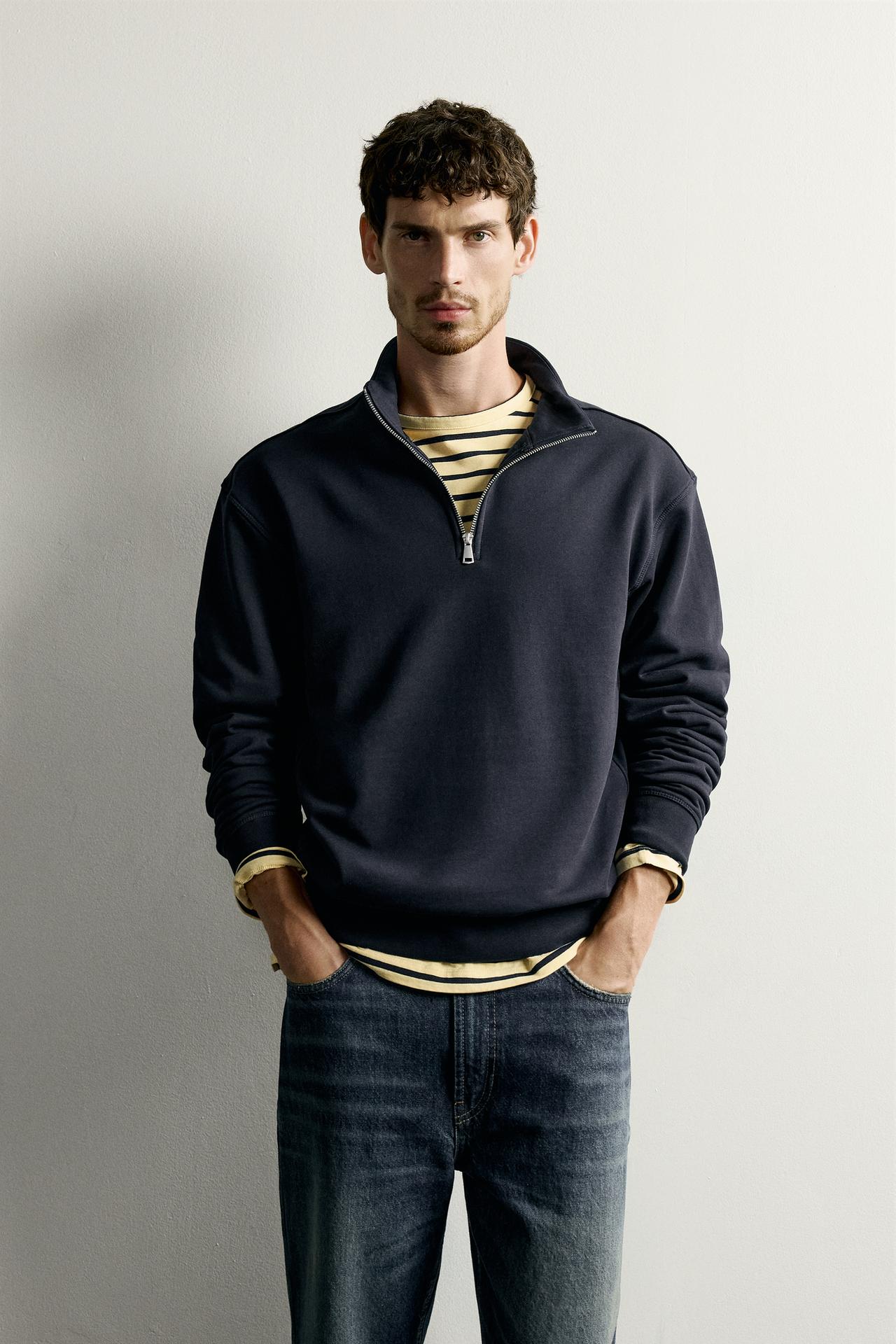 BASIC QUARTER-ZIP SWEATSHIRT — Navy blue