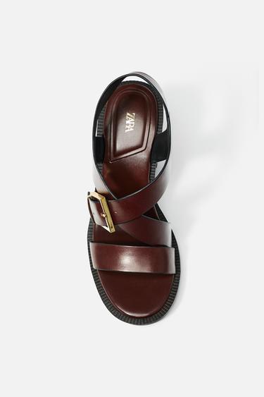 LEATHER BUCKLE HEEL SANDALS - Brown by Zara
