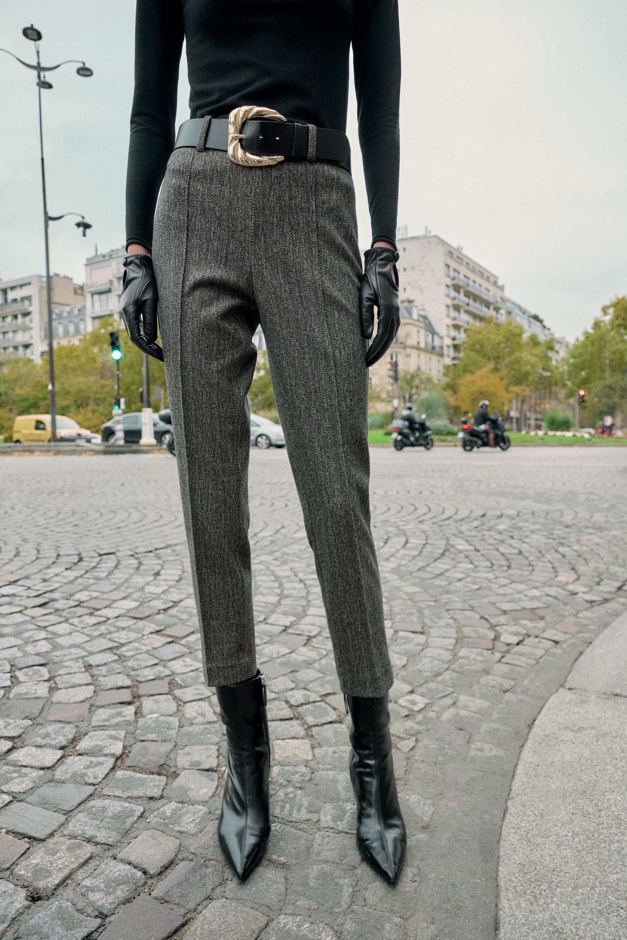 HERRINGBONE BELTED PANTS