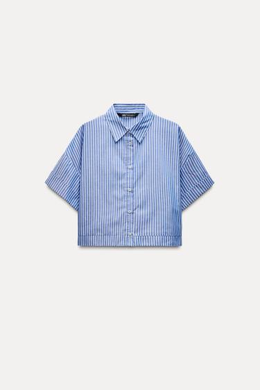 УКОРОЧЕННАЯ РУБАШКА В ПОЛОСКУ — Синий/Белый от Zara — изображение 0