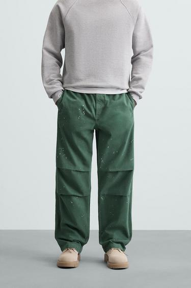Zara SPLATTER PARACHUTE PANTS - Green