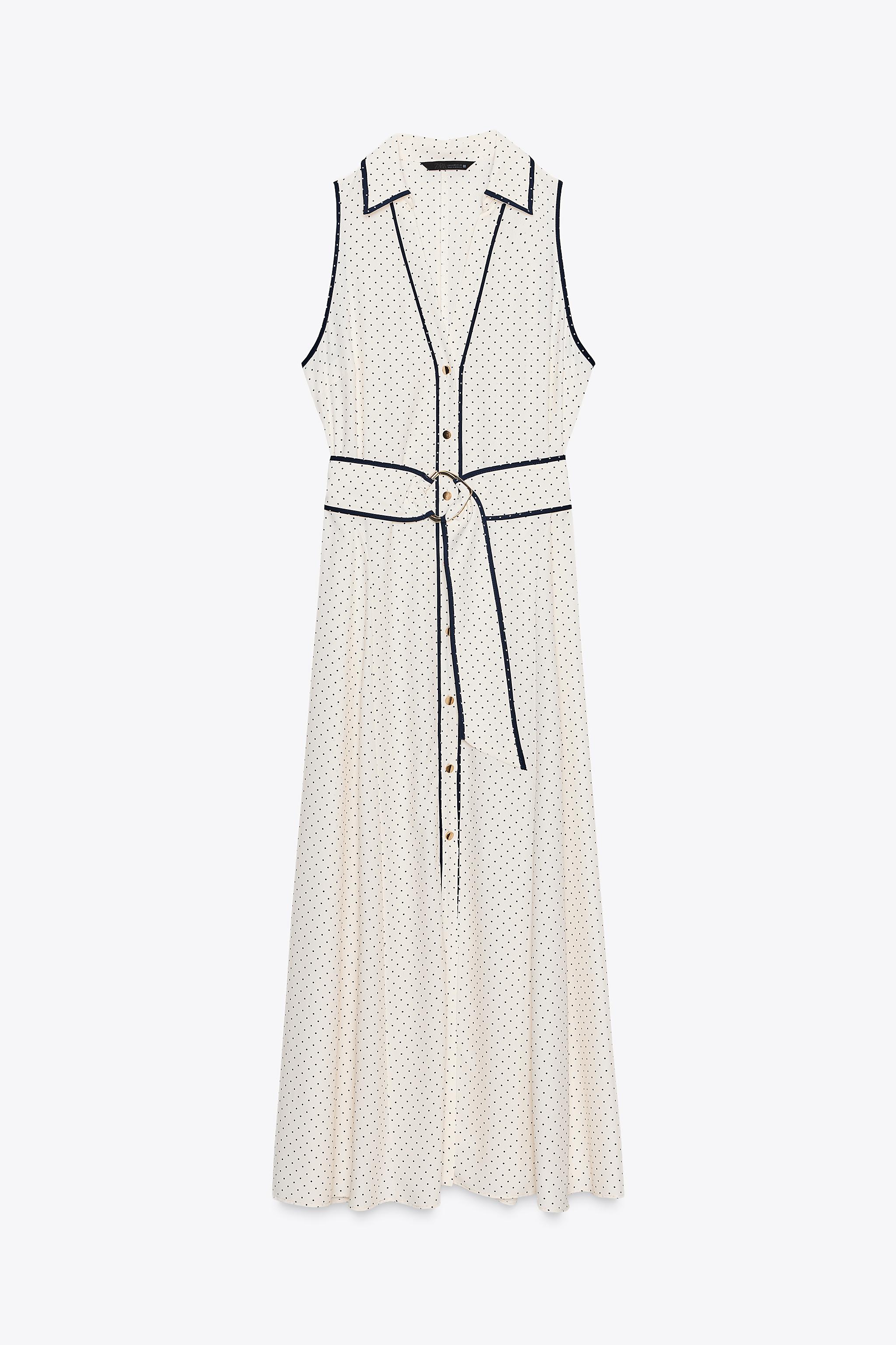 ZARA ドット柄ミディシャツワンピース 3689/750 ZARA NEW WOMAN POLKA DOT MIDI SHIRTDRESS BELTED ECRU NAVY XS
